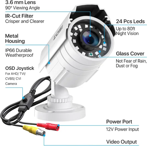 Miniatura 4 de ZOSI Cámara de seguridad para interiores y exteriores HD 1920TVL de 2 MP 1080p (híbrido 4 en 1 HD-CVI/TVI/AHD/960H CVBS analógico), 24 LED, visión