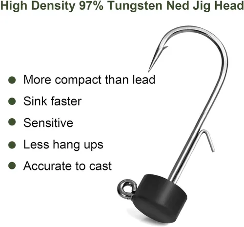 Miniatura 2 de 8 cabezales de tungsteno Ned Rig con ganchos en diferentes tamaños, cabezas de plantilla de hongo para pesca de lubina con señuelos suaves