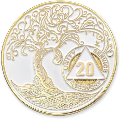 Miniatura 197 de 20 Year Sobriety Mint Twisted Tree of Life - Medallón de recuperación AA chapado en oro, fichas y fichas, color negro