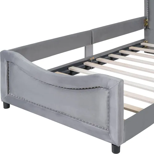 Miniatura 7 de DEINPPA Plataforma tapizada para niños con bonita cabecera, marco de cama de tela de terciopelo con barandilla de un solo lado para niños y niñas