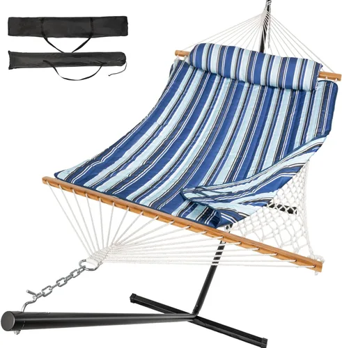 Miniatura 12 de Everyfun - Hamaca para 2 personas al aire libre con soporte, hamaca de cuerda de algodón con almohadilla de poliéster, estructura de acero