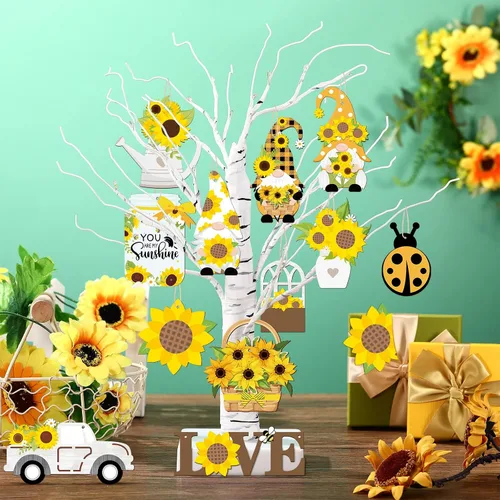 Miniatura 7 de Paquete de 48 adornos de gnomo de girasol para árbol de verano, colgante de madera con flores amarillas, decoraciones de fiesta de verano, recuerdos