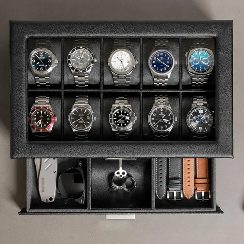 Miniatura 19 de ROTHWELL Caja de reloj de cuero de 10 ranuras con cajón de valet, organizador de exhibición de lujo con forro de microgamuza ultrasuave, soporte