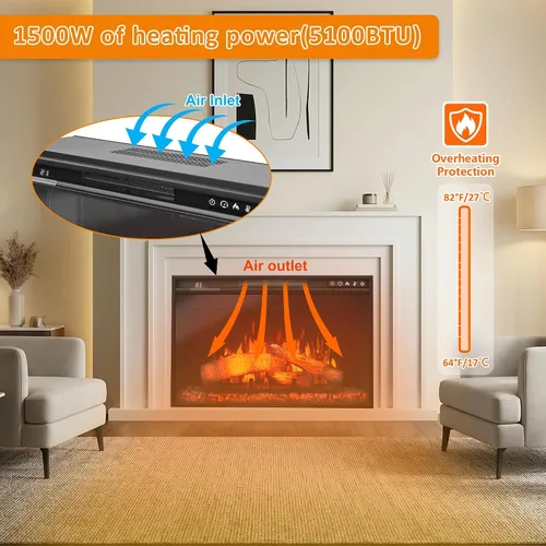 Miniatura 7 de Insertos de chimenea eléctrica de 26 pulgadas, 1500W empotrado en pared con control remoto, temporizador, 6 niveles de brillo y 5 velocidades