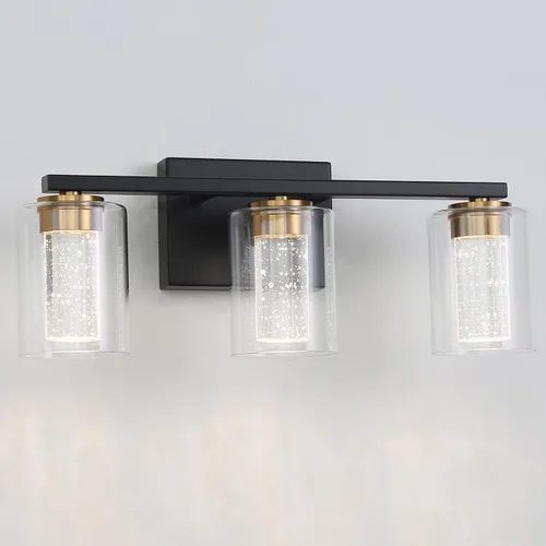 Miniatura 6 de EMONG Lámpara de baño de 3 luces negras y doradas, luces LED regulables de 5 CCT con vidrio transparente, 2700 K-6500 K, luz de tocador de baño