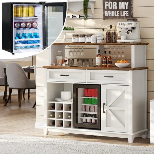 Miniatura 3 de LUXOAK Gabinete de Bar de Café Estilo Granja con Refrigerador Enfriador de Bebidas, Gabinete Rústico de Bar de Vino de 47" con Mini Refrigerador