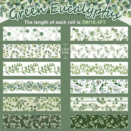 Miniatura 2 de Whaline 12 Rollos Cintas Washi de Vegetación Acuarela Plantas Eucalipto Cinta de Enmascarar 15mm Hojas Verdes Cinta Decorativa Adhesivos para Álbum