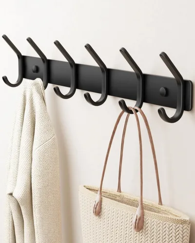 Perchero de montaje en pared (negro, 1 unidad) – Organizador de aluminio de 6 ganchos, instalación de taladro, sostiene abrigos, toallas y bolsas,