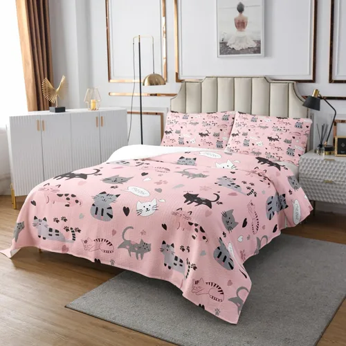 Miniatura 4 de Erosebridal Juego de colcha de gato rosa, tamaño individual para niñas, gris y negro, juego de ropa de cama para niños y niños, lindo juego