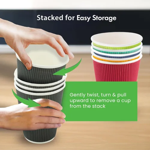 Miniatura 9 de Restaurantware 16 onzas Tazas de papel desechables con pared ondulada, 500 vasos de papel amarillo aislados con diseño de borde enrollado, tapas