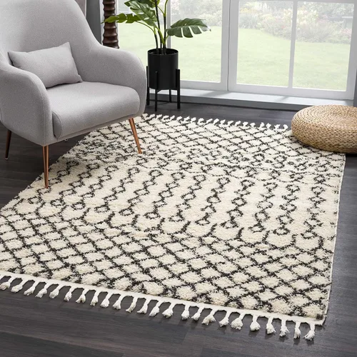 Miniatura 58 de Hauteloom, Duncans - Alfombra de estilo granja de pelo mullido para sala y dormitorio, con borlas - Beige, carbón, gris - 2 pies 7 pulgadas x 7 pies