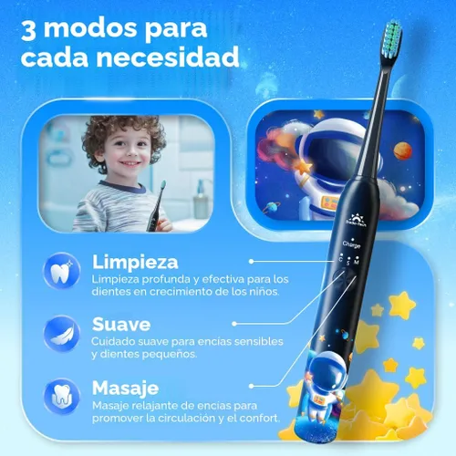 Miniatura 4 de Cepillo de dientes eléctrico recargable para niños de 3-5-6-12-18 años, cepillo de dientes sónico para niños con temporizador, 3 modos, 4 cabezales