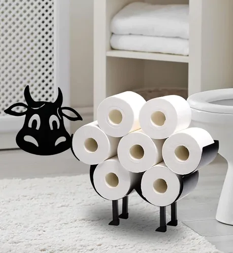 Teaeeno Soporte de papel higiénico de vaca negra, soportes de papel de almacenamiento de FunnyAnimals para baño, decoración de animales de metal