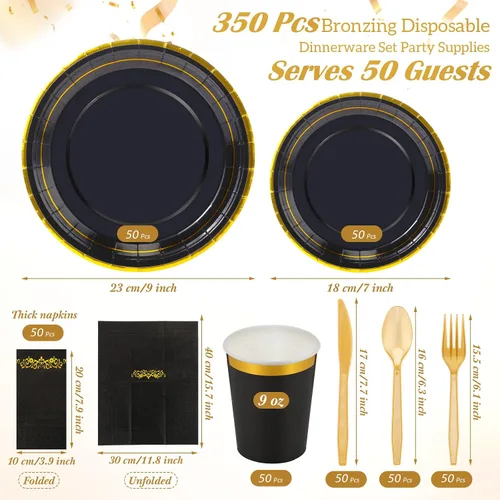 Miniatura 2 de Juego de 350 platos desechables de plástico negro y dorado para fiesta de graduación para 50 invitados, cubiertos de 9 pulgadas, platos de postre