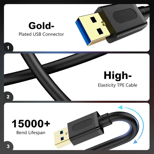 Miniatura 2 de Cable USB 3.0 Macho a Macho 1 pie, Cable USB a USB con Conector Chapado en Oro para Carcasas de Disco Duro, Reproductor de DVD, Enfriador de Laptop