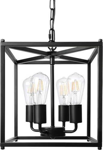 Unicozin Candelabro de granja negro de 4 luces, lámpara colgante de linterna de hierro, jaula rústica de altura ajustable, base E26, luces colgantes