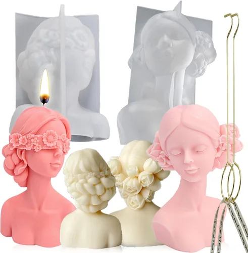 Molde de silicona para velas 3D, moldes de ojos cerrados para niña y niña con los ojos vendados con 2 herramientas extintoras para cera derretida,