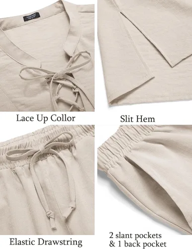 Miniatura 5 de COOFANDY Conjunto de 2 piezas de lino para hombre, camisas Henley de manga larga, pantalones casuales de playa con bolsillos, trajes de yoga