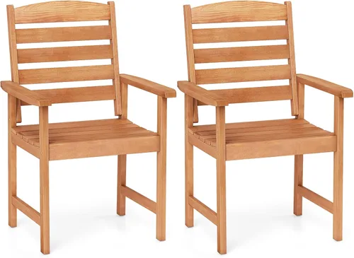 Tangkula Juego de 2 sillas de comedor de madera para patio, sillas de comedor de madera para exteriores con respaldo alto y asiento de listones,