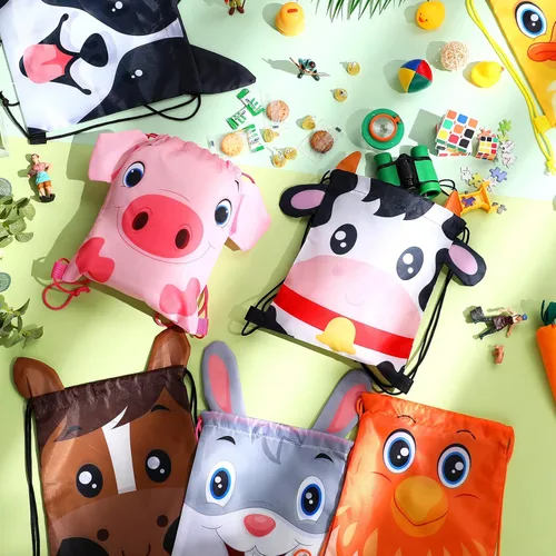 Miniatura 5 de Hillban 16 bolsas de animales con cordón para niños, mochila con cordón para fiestas de niños, con oreja, para safari, cumpleaños (estilo granja)