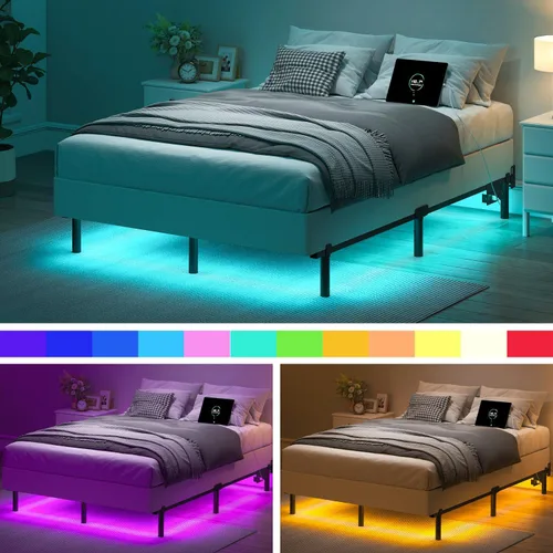 Miniatura 7 de QEROMY Base de cama matrimonial para somier, marco de cama de metal de 7 pulgadas con luces LED, base de cama de soporte de 9 patas, fácil montaje