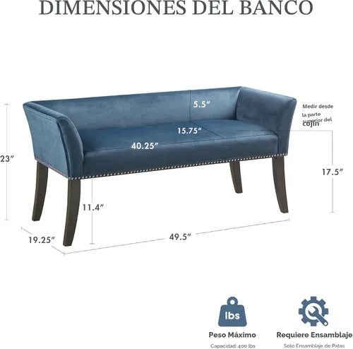 Miniatura 2 de Madison Park Banco decorativo, tapizado con ribete de tachuelas y asiento acolchado, banco de entrada pequeño, banco de pie de cama con respaldo