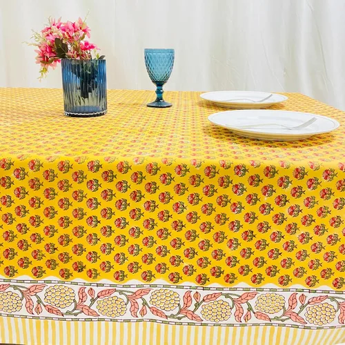 Miniatura 5 de Ridhi Mantel rectangular de algodón con estampado de bloque a mano amarillo mostaza, 102 x 48 pulgadas, reutilizable, decorativo para uso diario