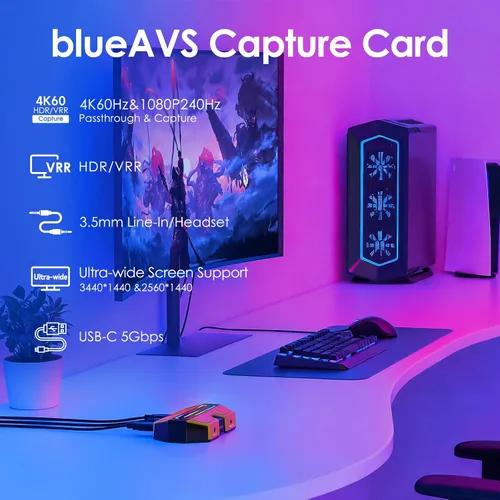 Miniatura 2 de BlueAVS - Tarjeta de captura de video HDMI para transmisión, 4K 60Hz HDR VRR ALLM Passthrough, 1080P 240Hz, tarjeta de captura externa USB-C