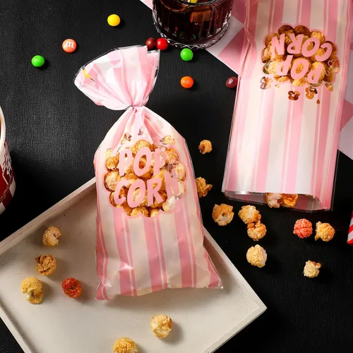 Miniatura 6 de 200 bolsas de palomitas de maíz, bolsas de plástico para máquina de palomitas de maíz, recipientes de maíz con lazos giratorios para carnaval, Rosa