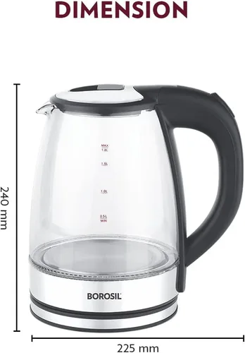 Miniatura 3 de Borosil Hervidor eléctrico de vidrio, vidrio de borosilicato, cable extralargo, protección contra ebullición, base giratoria de 360°, 1.8 L