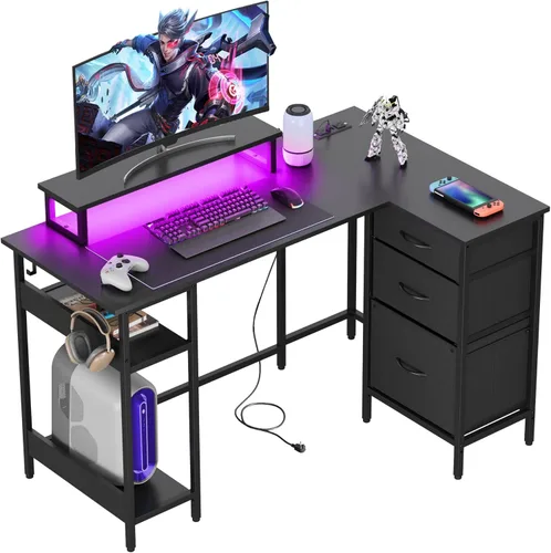 DEVAISE Escritorio para juegos en forma de L de 48 pulgadas con cajones y almacenamiento, escritorio de esquina con luces LED, tomas de corriente,