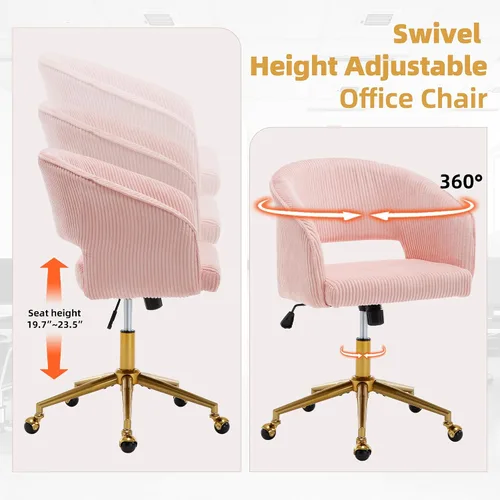 Miniatura 6 de Sillas de escritorio para oficina en casa Westice, silla moderna de corduroy con ruedas, silla giratoria ajustable en altura con base dorada