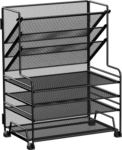 Miniatura 12 de MINDEPOT Organizador de papel de 4 niveles + soporte para archivos de 3 bolsillos + cajón + soportes para bolígrafos, organizador de archivos