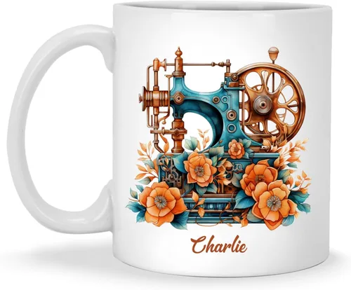 Miniatura 9 de Taza de café personalizada de pila de tela e hilos, Taza de máquina de coser, Taza de cerámica con nombre personalizado Regalos para amantes