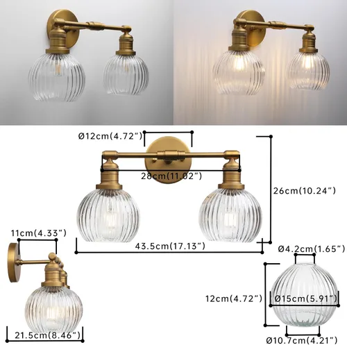 Miniatura 2 de Aplique industrial de pared de vidrio de doble brazo con pantalla de globo a rayas transparentes, lámpara de tocador de pared de 2 luces