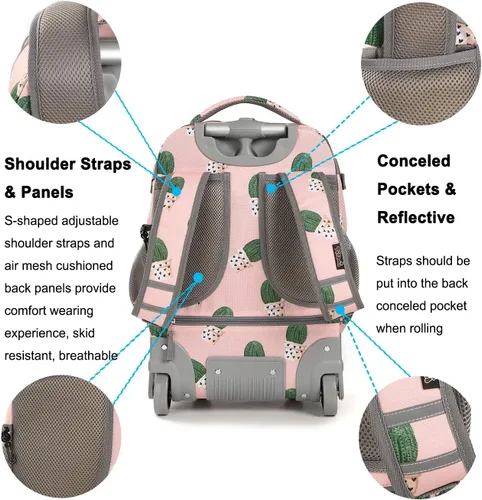 Miniatura 7 de Tilami Mochila con ruedas, mochila para laptop de 19 pulgadas con ruedas y lonchera, Cactus, 18 pulgadas