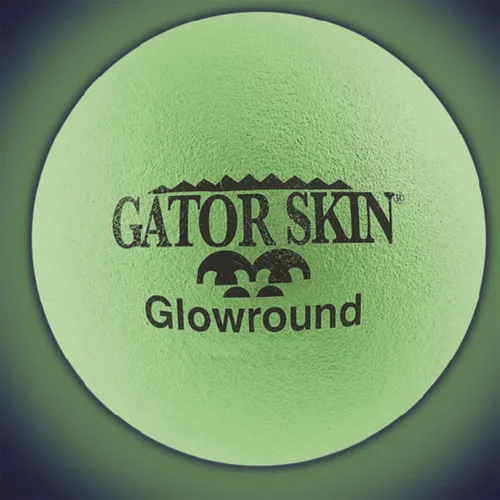 Bola Gator Skin Glowround. Bola de 8 pulgadas de diámetro que brilla en la oscuridad. Bola recubierta de PU con núcleo de espuma de densidad media.