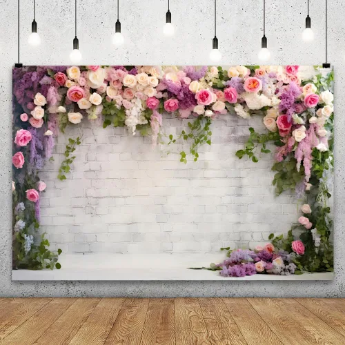 Miniatura 2 de YongFoto Fondo de pared de ladrillo blanco retro con arco floral de 5 x 3 pies, flores de rosa, hojas de enredadera, fondo de fotografía