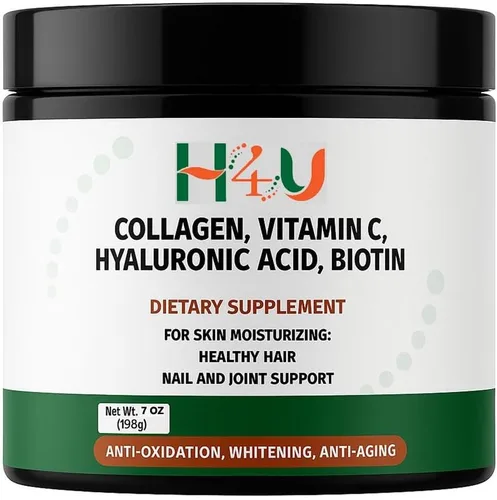 H4U Polvo de péptidos de colágeno Plus con vitamina C y ácido hialurónico y biotina con mezcla de belleza; para hidratación de la piel; cabello