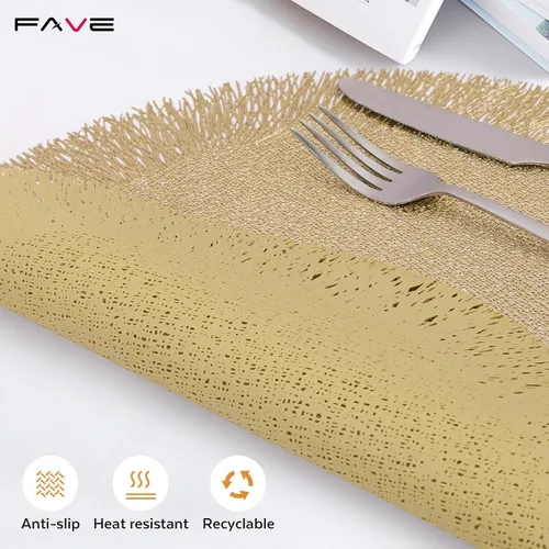 Miniatura 8 de FAVE Juego de 6 manteles individuales redondos de vinilo dorados, manteles individuales lavables calados con borlas para decoración de mesa, uso