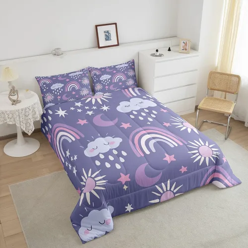 Miniatura 4 de Erosebridal Juego de ropa de cama de arcoíris y nubes para guardería, tamaño individual, juego de edredón lindo de sol y luna para niños y niñas