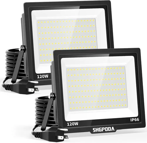 Luces de inundación de 120 W para exteriores, luz de seguridad LED más brillante de 14400 lm con enchufe, impermeable IP66, reflector de luz diurna