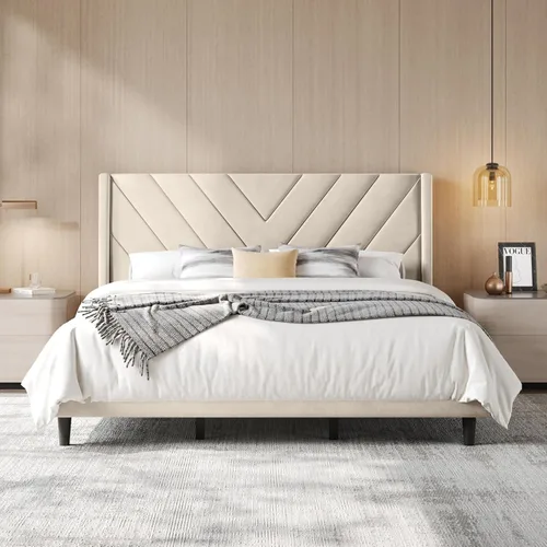 Miniatura 21 de Yaheetech Base de cama tamaño Queen con plataforma tapizada con lados en forma de ala/soporte de listones de madera/cabecera copetada con lado