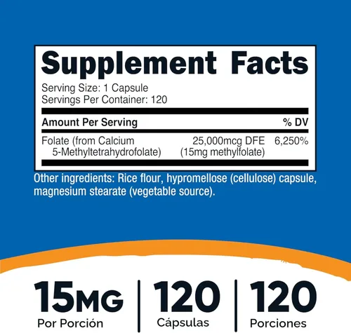 Miniatura 2 de Nutricost L-Metilfolato 15 mg, 120 Cápsulas (5-MTHF) - Vegano, Sin OMG, Sin Gluten