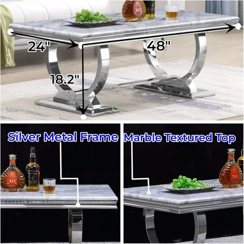 Miniatura 7 de Mesa de centro moderna, mesas de centro con pedestal de base en U plateadas para sala de estar, mesa de centro rectangular de 48 pulgadas en gris