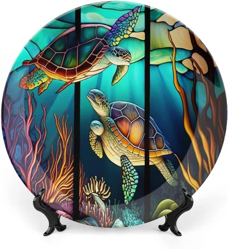 Platos decorativos, placa de cerámica con diseño de tortuga, vida marina, placa tambaleante con soporte de exhibición, decoración del hogar para