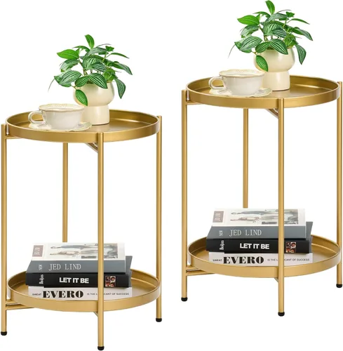 Miniatura 12 de Mesa auxiliar redonda de 2 niveles, pequeña mesa auxiliar de metal con bandeja extraíble, mesas de acento plegables para sala de estar, balcón
