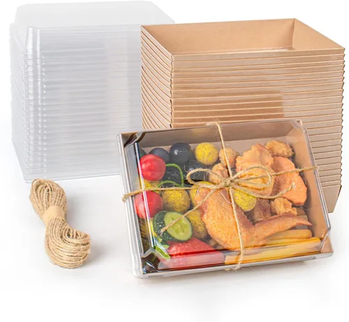 Cajas de charcutería de 7 x 5 pulgadas con tapas transparentes, paquete de 50 recipientes desechables para alimentos, cajas grandes de papel para