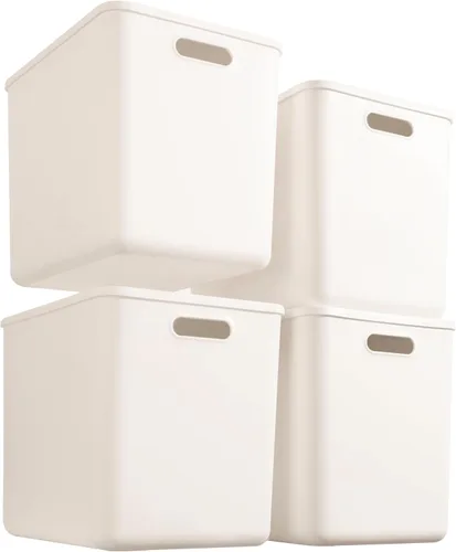Miniatura 7 de Paquete de 5 contenedores grandes de almacenamiento de plástico blanco con tapas, caja de juguetes con asa, contenedores organizadores cestas