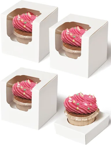 Happyhiram Cajas para cupcakes, 50 unidades, color blanco, individual, soportes de cartón con inserto y ventana para magdalenas, bombas de cacao,